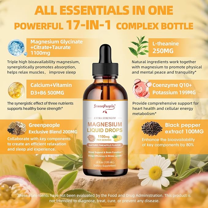 GREENPEOPLE Magnesium Glycinate Liquid Drop - 17-in-1 4Fl. Oz Triple Magnesium Complex Supplement with Glycinate 400mg & Citrate 500mg Taurate/L-Theanine for Calm Mood/Muscle/Sleep,Pineapple Flavor