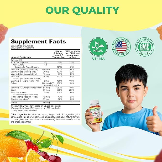 Greenfield Nutritions Halal Multivitamin for Kids – Gelatin-Free Halal Kids Multivitamin Gummies with Vitamins A, B, C, D, Iodine & Zinc for Immunity – Essential Vitamins for Children (90 Count)