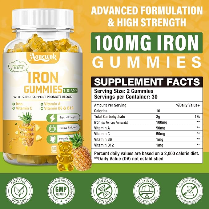 1 Pack 100MG Iron Supplements Gummies for Women & Men - Contains Vitamin C, A, B - Suitable Adults & Kids, Iron Deficiency, Immune & Energy Support, Pineapple Flavor, Non-GMO, 60 Counts