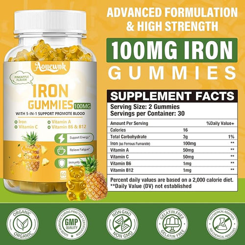 1 Pack 100MG Iron Supplements Gummies for Women & Men - Contains Vitamin C, A, B - Suitable Adults & Kids, Iron Deficiency, Immune & Energy Support, Pineapple Flavor, Non-GMO, 60 Counts