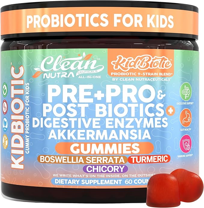 Clean Nutra Kids Probiotics Gummies with Prebiotics, Postbiotics, Digestive Enzymes, Akkermansia, Boswellia Serrata, Turmeric, Chicory – 60 Count – Plant-Based Supplement for Kids – PeachPop Flavor