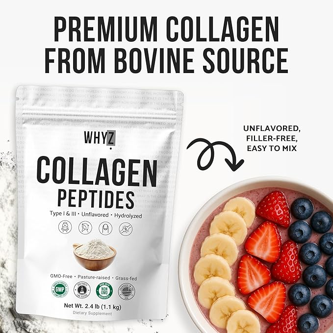 Bovine Collagen Peptides Powder, Hydrolyzed Type I & III Protein, Grass-Fed Pasture-Raised Source, Unflavored Collagen Supplement Paleo-Friendly for Active Lifestyles & Wellness Non-GMO, 2.4lb (1.1kg)