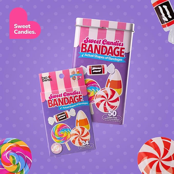 BioSwiss Bandages, Sweet Candies Shaped Self Adhesive Bandage Set, Latex Free, Sterile Wound Care, 24 Count