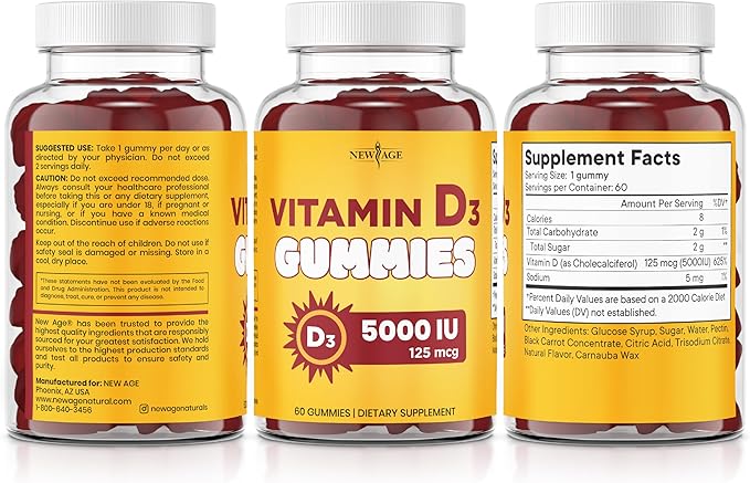 NEW AGE Vitamin D3 5000 IU 125mcg Gummies - Immune Supplement - Non-GMO, Gluten-Free, Dairy-Free, No Gelatin (180 Gummies (Pack of 3))
