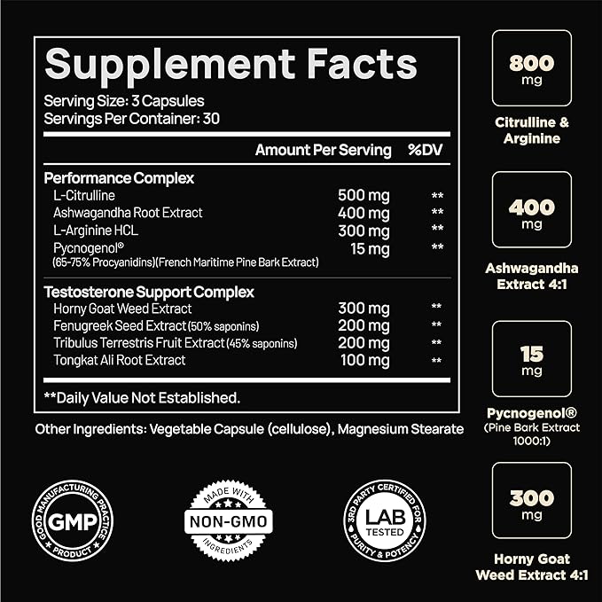2,015mg Testosterone Booster for Men 8X Strength w. Ashwagandha, Tongkat Ali, Pycnogenol, Tribulus - Total T Testosterone Supplement for Men Male Enhancing Libido Test Booster + Muscle Builder Pills