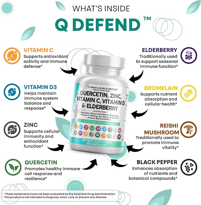 Q Defend Quercetin Supplement with Zinc Vitamin C Vitamin D Elderberry Turmeric Black Pepper Garlic Ginger Sea Moss Lysine Stinging Nettle Reishi Immune Support 60 Capsules Pack of 3 by Clean Nutra