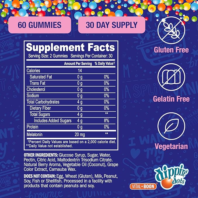Dippin' Dots Extra Strength Melatonin 20mg Gummies for Adults - Melatonin Gummies with 20mg per Serving - Vegan Friendly Nighttime Sleep Supplement - Made with Natural Colors & Flavors (60 Count)