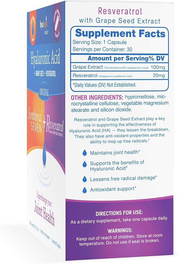 Hyalogic Synthovial Seven Hyaluronic Acid Liquid & Resveratrol Capsules - HA Joint Support - Vegan - 1 oz