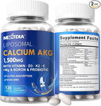 2 Pack Liposomal Calcium AKG Supplement 1500mg with Vitamin D3 & K2 for Women & Men, Calcium Supplement with Magnesium Glycinate, Boron, Probiotics & Vitamin C for Bone Strength & Energy, 240 Softgels