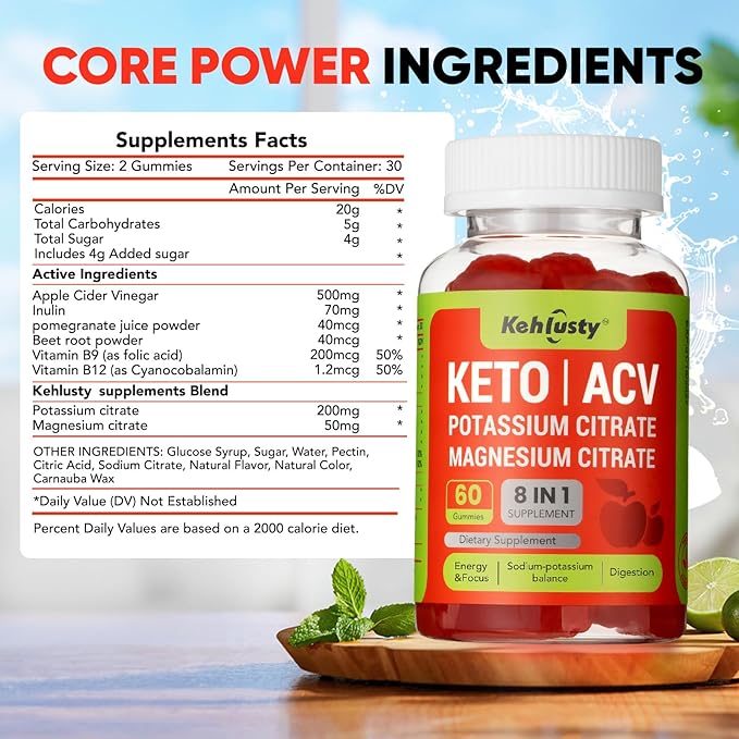 Keto ACV Gummies, 8-in-1 500mg Apple Cider Vinegar Supplement with Vitamin B12, Potassium & Magnesium Citrate, Beet Root & Pomegranate, Supports Healthy Digestion & Energy, 60 Gummies