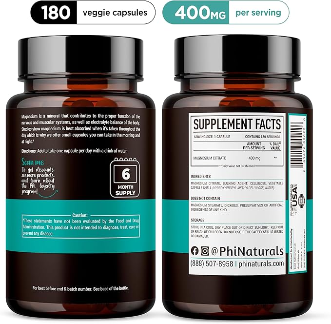Magnesium Citrate Powder Capsules 400mg - 180 Count Veg Caps - PhiNaturals Supplements - Nervous System Support and Enzyme Function