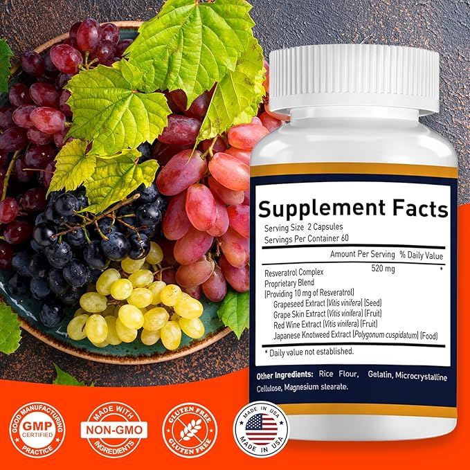 Resveratrol Complex 520mg - 60 Day Supply - NMN Supplement Alternative with Grapeseed Extract & Red Wine - Natural Stamina & Antioxidant Support - 120 Caps