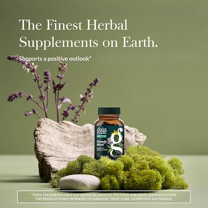 Gaia Herbs Steady Mind - Supplement Support with Herbs Traditionally Used for Stress Relief* - with St. John's Wort, Passionflower, Vervain & Oats - 60 Vegan Liquid Phyto-Capsules (60 Servings)