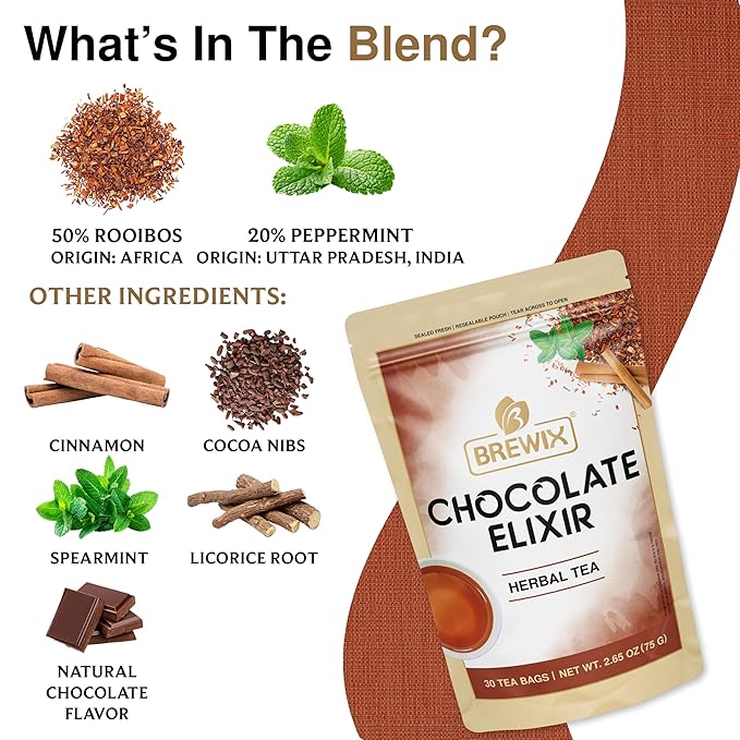 BREWIX, Chocolate Elixir Rooibos Herbal Tea (30 Pyramid Tea Bags) | Rooibos with Cinnamon, Spearmint, Peppermint | Dessert Tea | Chocolate Tea