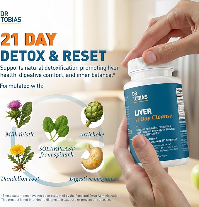 Dr. Tobias Liver 21 Day Cleanse - Herbal Liver Detox Cleanse with Milk Thistle Dandelion Root & Artichoke Extract | Supports Liver Health & Digestion (63 Vegetarian Capsules (Pack of 1))