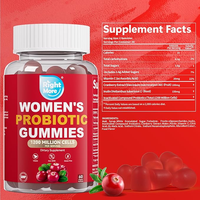 Probiotic for Women Gummies,Feminine Balance Gummies, -1200 Billion Compound, Digestive & Immune Support, Supports Vaginal Health Prebiotics, Natural Cranberry Flavor, Vegan, 60 Gummies