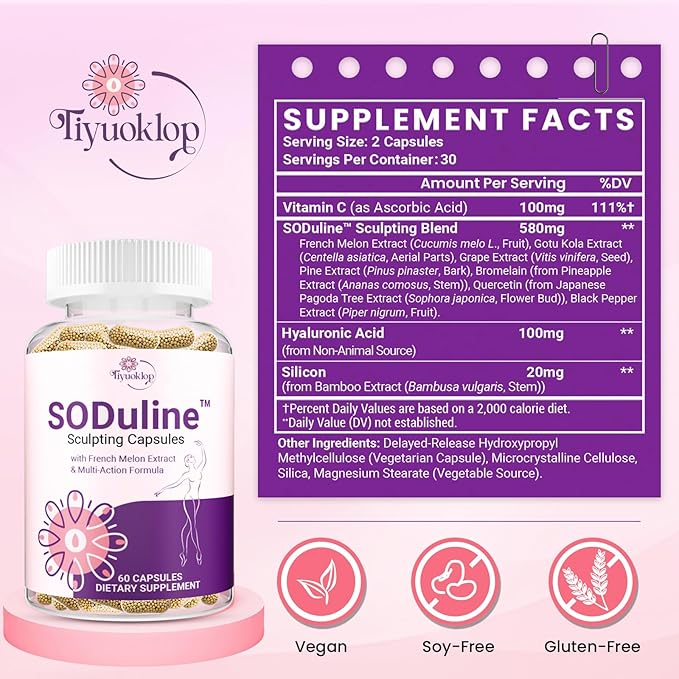 Anti Cellulite Supplement, SODuline™ Sculpting Capsules with French Melon SOD & Phyto Beadlets, Cellulite Reduces, Cellulite Remover for Legs, Skin Smoothing & Thighs, Collagen Supplements, 60 Caps