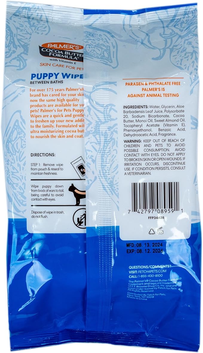 Palmer's Coconut Oil Puppy Wipes for Between Baths - Cocoa Butter Grooming Wipe for Dogs - Paraben & Phthalate Free Bath Towlettes, 100 Count