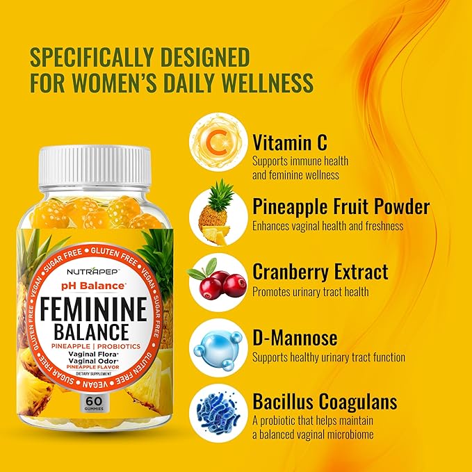 Feminine Balance Probiotics Gummies for Women - Vaginal Health & Women's pH Balance Natural Gummy Supplement with Cranberry Pineapple Powder - Sugar Free Gluten Free Vegan (Pack of 2)
