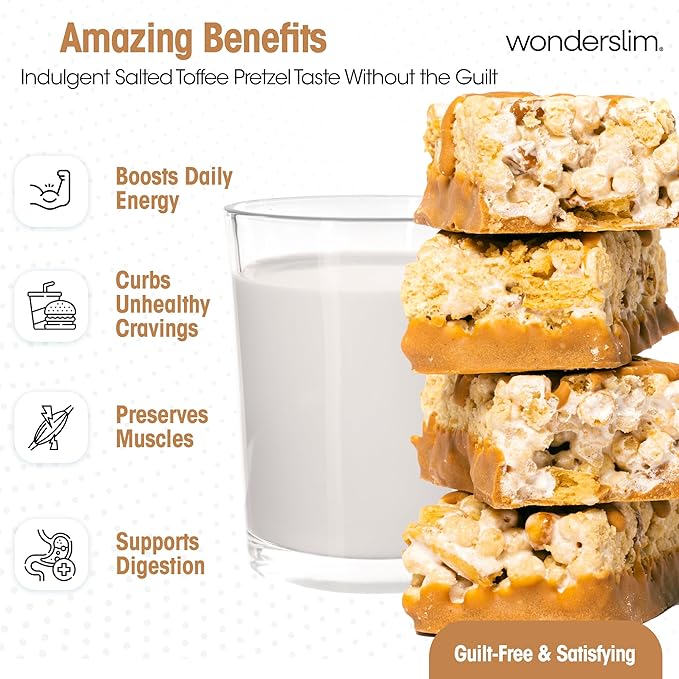Wonderslim High Fiber Protein Bars, Salted Toffee Pretzel | 15g Protein, 7g Fiber | Low Sugar, Low Carb | Healthy Indulgence | Satisfying, Supports Energy & On-the-Go Convenience, 7 Pack