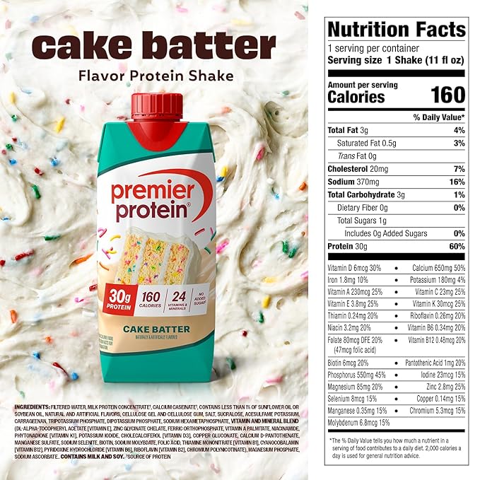 Premier Protein Shake, Cake Batter, 30g Protein, No Added Sugar, 24 Vitamins & Minerals to Support Immune Health, 11 fl oz, 4 Pack
