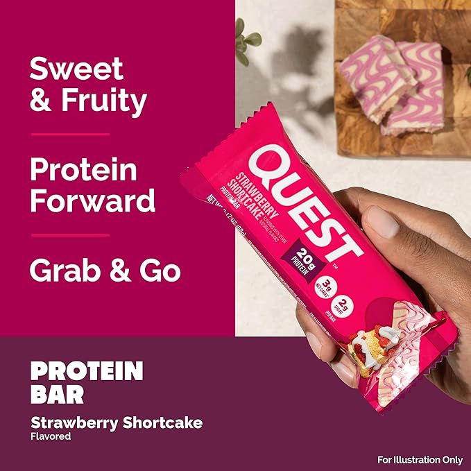 Quest Nutrition Protein Bars, Strawberry Shortcake, 20g Protein, 2g Sugar, 3g Net Carbs, 10g Fiber, Gluten Free, 12 Count