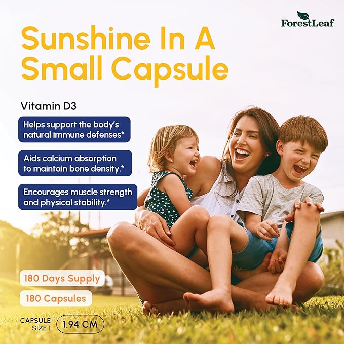 ForestLeaf Vitamin D3 5000 IU | VIT D - VIT D3 Vitamin D Supplements for Women and Men | Bone Health, Teeth and Immune Support | Easy to Swallow Pills | One Capsule Daily, 6-Month Supply, 180 Count
