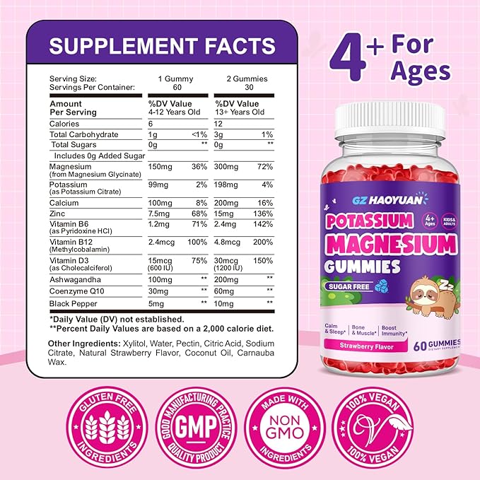 Magnesium Gummies for Kids - Magnesium Glycinate Gummies with Vitamin D3, B6, Potassium & Ashwagandha, Magnesium for Kids & Adults Relaxation, Sleep, Brain & Bone Health -Vegan Strawberry 60ct