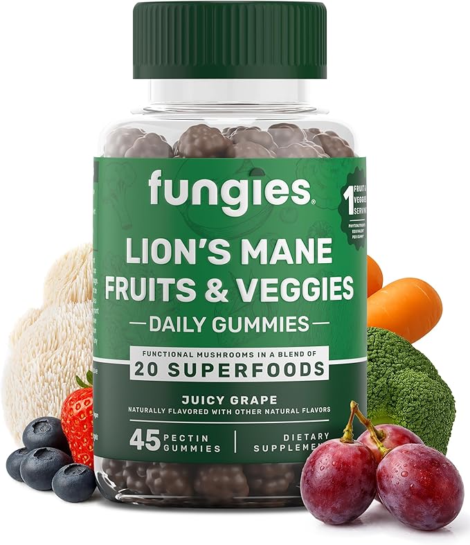 Fungies Lion's Mane Mushroom Gummies with Fruits & Veggies Superfood Blend, Juicy Grape Flavor - Mushroom Herbal Supplement Gummy for Adults & Children - Brain Health & Daily Wellness - 45 Servings