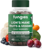 Fungies Lion's Mane Mushroom Gummies with Fruits & Veggies Superfood Blend, Juicy Grape Flavor - Mushroom Herbal Supplement Gummy for Adults & Children - Brain Health & Daily Wellness - 45 Servings