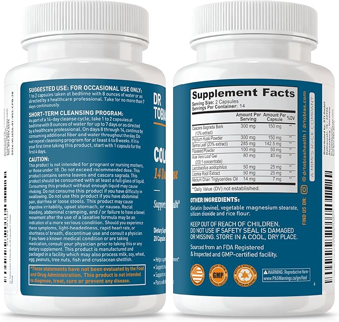 Dr. Tobias Colon Cleanse - Constipation Relief & Gut Health Support for Women & Men | 14 Day Colon Cleanser for a Gentle Colon Detox & Gut Flush - 4 Bottles of 28 Capsules