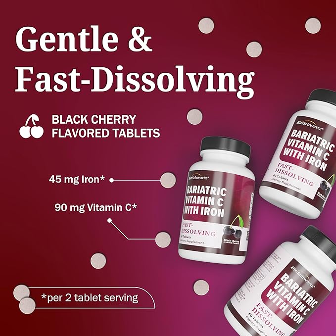 BioSchwartz Bariatric Vitamin C with Iron 45mg Chewable Tablets - 30 Servings, 60 Tablets - Sugar-Free, Fast-Dissolving Bariatric Iron Supplement for Women - Gentle on Stomach, Black Cherry Flavored