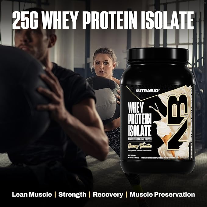 NutraBio 100% Whey Protein Isolate Protein Powder, 25g Protein with Complete Amino Acid Profile, Non-GMO, Soy & Gluten Free, Low Carb, Low Calorie Whey Protein Powder, Creamy Vanilla, 2 Lbs