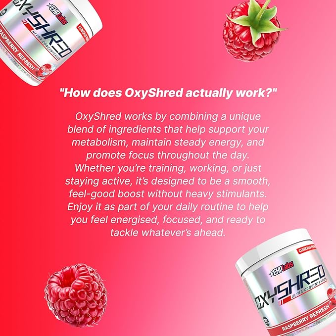 EHP Labs OxyShred Pre Workout Powder - Preworkout Powder with L Glutamine & Acetyl L Carnitine, Energy Boost Drink - Raspberry Refresh, 60 Servings