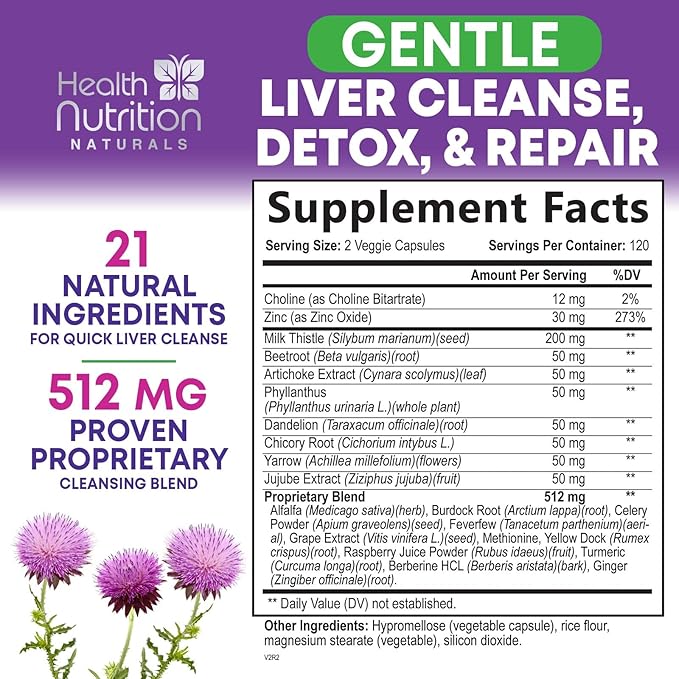 Gentle Liver Cleanse Detox & Repair Formula - Advanced Liver Support Supplement with Silymarin Milk Thistle, Dandelion Root, Artichoke Extract, Turmeric, Choline, & Beetroot - 240 Veggie Capsules