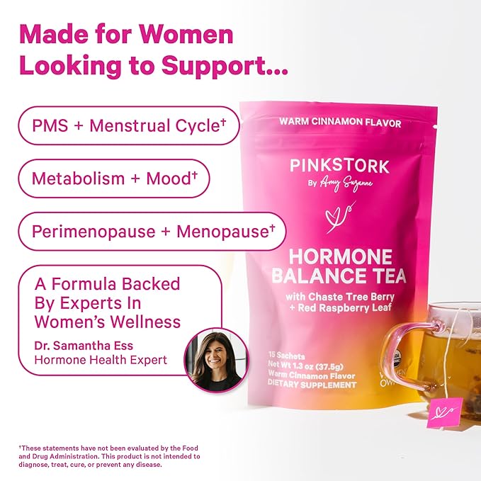 Pink Stork Hormone Balance Tea for Women – Red Raspberry Leaf & Chasteberry (Vitex) – Organic Herbal Tea for PMS, Menstrual Cycle & Perimenopause Support – Caffeine-Free Cinnamon Blend – 30 Cups