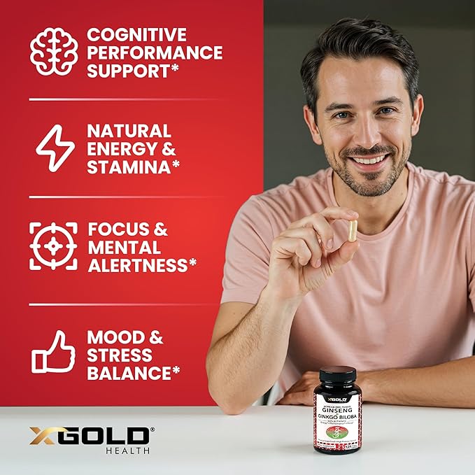 X Gold Health Korean Red Panax Ginseng + Ginkgo Biloba 7% Ginsenosides Extra Strength Energy, Memory, Focus & Brain Support Premium Supplement for Men & Women Non-GMO, 120 Vegan Capsules