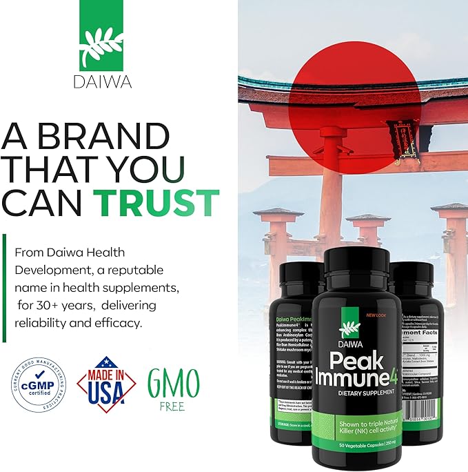Daiwa PeakImmune4® – Immune Support Supplement for Adults with Rice Bran Arabinoxylan Compound (RBAC) and Enzyme from Shiitake Mushroom – 50 Capsules