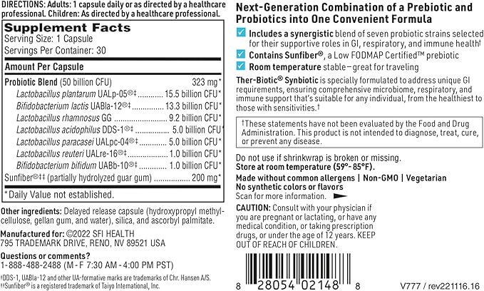 Klaire Labs SFI Health Ther-Biotic Synbiotic - Prebiotics and Probiotics for Women & Men - 50 Billion CFU Probiotic Capsules with Sunfiber - Digestive Health and Immune Support (30 ct)
