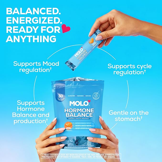 MOLO Hormone Balance for Women – ALA for Cycle Regulation, Magnesium & Zinc for Mood Support and Hormone Balance - 30 Stick Packs with Sweet Orange Flavor – Vegetarian, Gluten-Free & Non-GMO