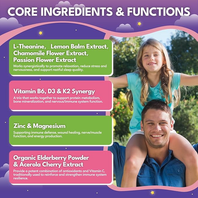 Magnesium Calming Gummies for Kids 4+ & Adults, Sugar Free Magnesium Supplement with L-Theanine, Chamomile, Vitamins B6, D3, K2, Zinc for Sleep, Relaxation, Focus & Muscle Support, Strawberry Flavor