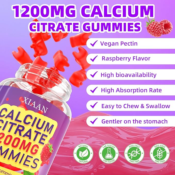 Calcium Citrate Gummies 1200mg Calcium Gummies for Women & Men, Chewable Calcium Supplements Support Immune Health & Bone Strength, Vegan/Sugar-Free/Gluten-Free, Raspberry Flavor 120 Count