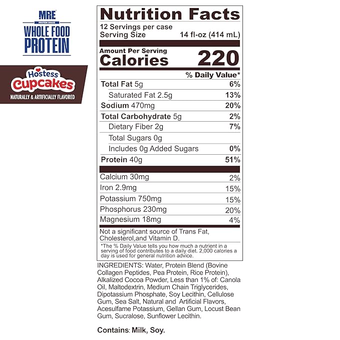 REDCON1 MRE Ready to Drink Protein Shakes Hostess™, Cupcakes - Lactose Free RTD Protein Made with Real Whole Food Protein Blends - Easy to Digest Nutritional Shake (12 Pack)