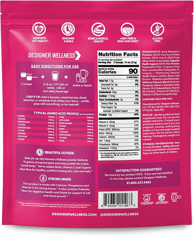 Designer Wellness, Aria, Women's Wellness Low Calorie Vanilla Protein Powder with Biotin, Vitamin C and Organic Aloe, Vanilla Blossom, 1.85 Pound