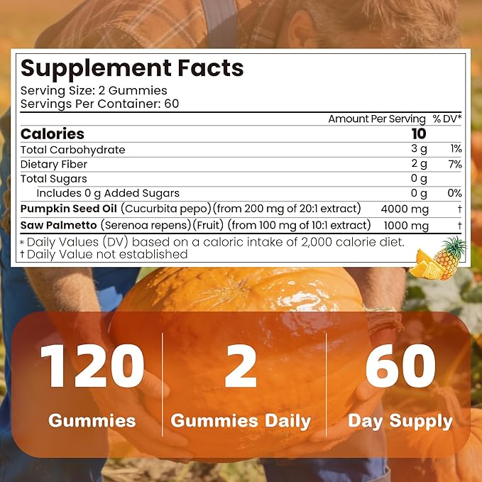 120 Count Pumpkin Seed Oil Gummies with Saw Palmetto | 5,000 mg Cold-Pressed Extract | Sugar-Free Pineapple Flavor | Supports Hair, Skin & Prostate Health | Pumpkin Seed Oil Supplement for Men & Women