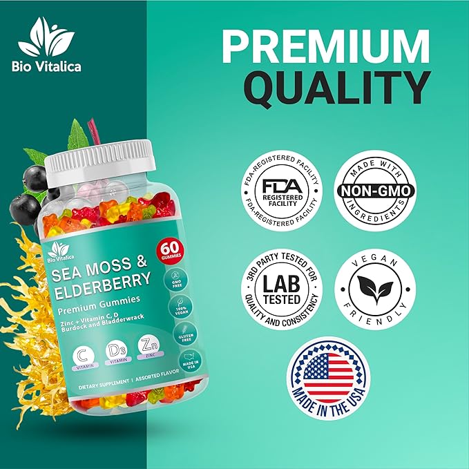 BIO VITALICA Irish Sea Moss Gummies with Elderberry – USA Made Vegan Gummies with Vitamin C, D & Zinc – Immune Support Supplement with Bladderwrack & Burdock Root for Adults & Kids – 6 Packs