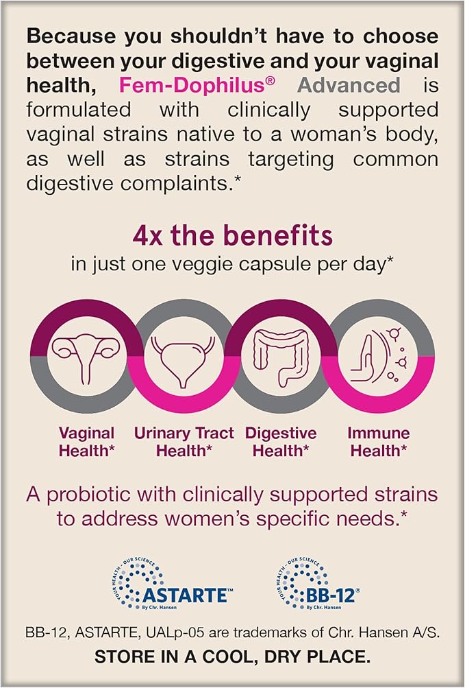 Jarrow Formulas Fem-Dophilus Advanced Vaginal & Digestive Probiotics 10 Billion CFU with 6 Science Backed Strains, for Vaginal, Urinary Tract, Digestive & Immune Support, 30 Capsules, Shelf-Stable