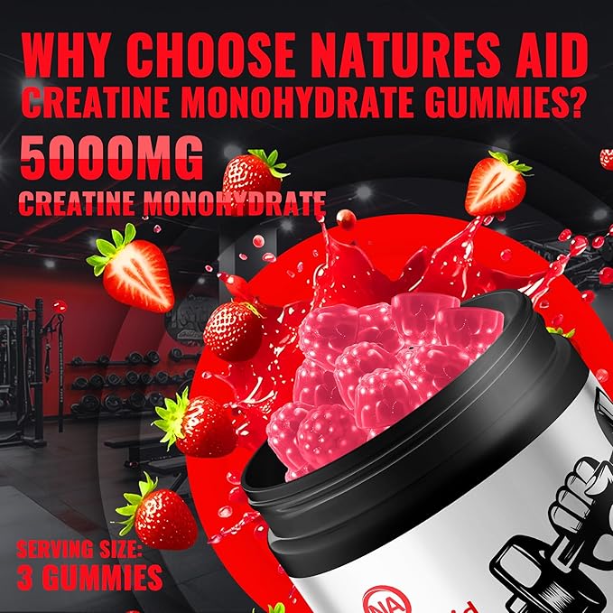 Natures Aid NSF Certified Creatine Gummy 5g - Creatine Monohydrate Gummies – Pre-Workout Energy & Muscle Growth Support for Men & Women | Strawberry Electrolyte Gummies (135 Count)
