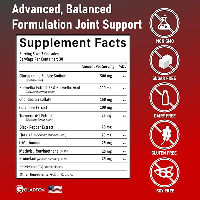 Glucosamine Chondroitin MSM Curcumin Turmeric Boswellia - Joint Support Supplement for Bone Back Knee Hand Flexibility, Mobility - Joint Health Supplement for Women & Men - 90 Capsules