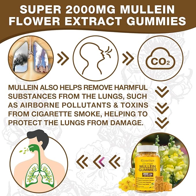 Mullein Gummies, 2000mg Organic Mullein Leaf Extract for Clear Lungs, Boost Respiratory & Digestive, Immune Booster for Adults & Kids, Allergy Friendly, Non-GMO, 120 Gummies